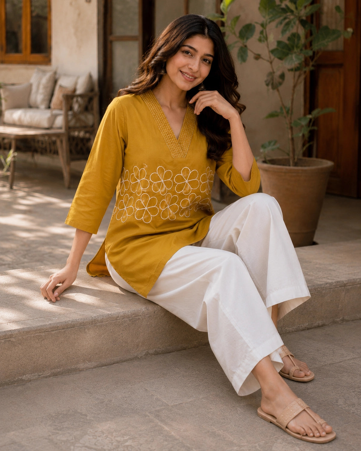 Embroidered V-Neck Three-Quarter Sleeve Cotton Kurti