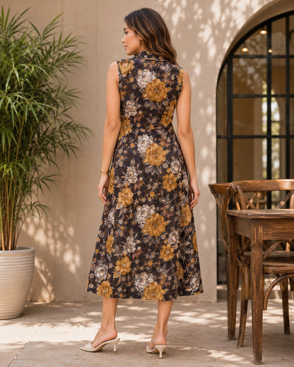 Floral Print Sleeveless Collared Rayon Midi Dress for Vacation