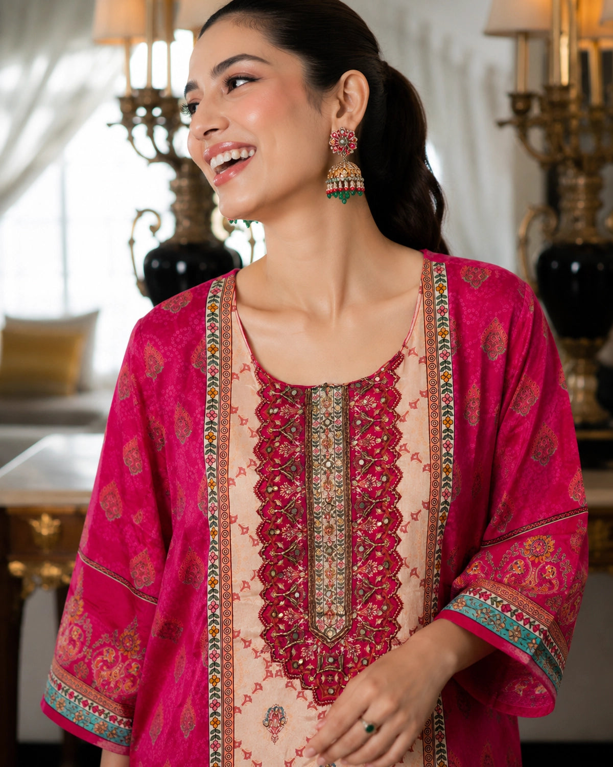 Pink & Ivory Colourblock Ethnic Crepe Kurta Pant Dupatta Set