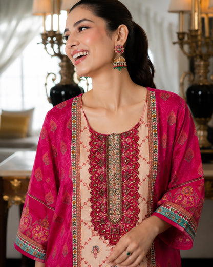 Pink & Ivory Colourblock Ethnic Crepe Kurta Pant Dupatta Set