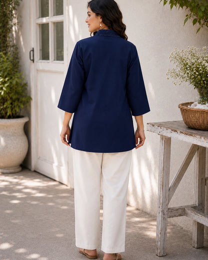 Embroidered V-Neck Three-Quarter Sleeve Cotton Kurti