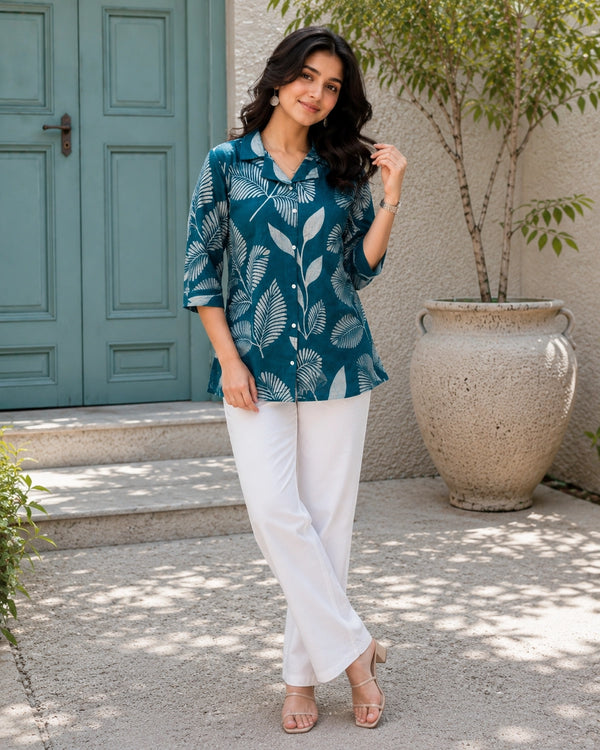 Floral Print Collared Three-Quarter Sleeve Cotton Kurti — image 2