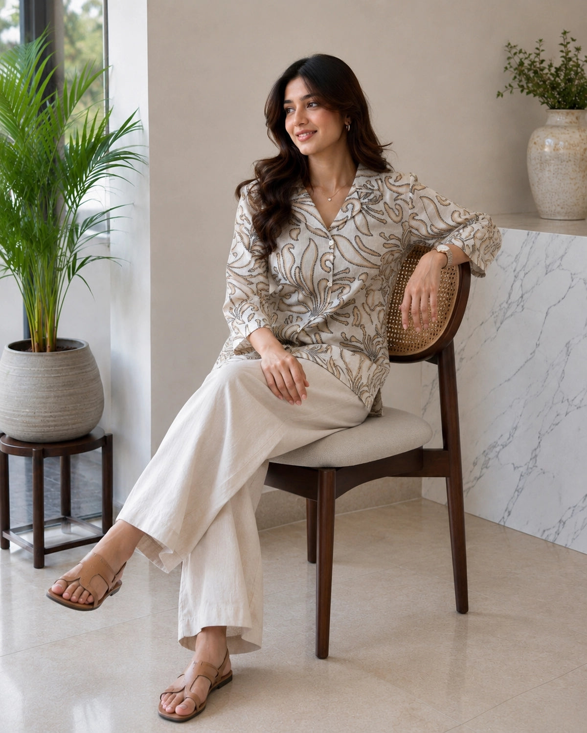 Floral Print Collared Three-Quarter Sleeve Cotton Kurti