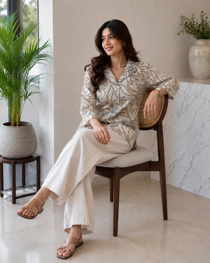 Floral Print Collared Three-Quarter Sleeve Cotton Kurti