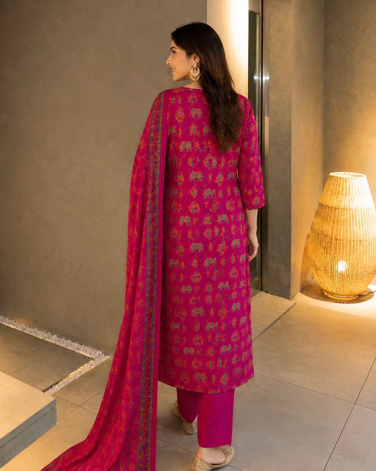 Rani Pink Paisley Print Viscose Kurta Pant Dupatta Set