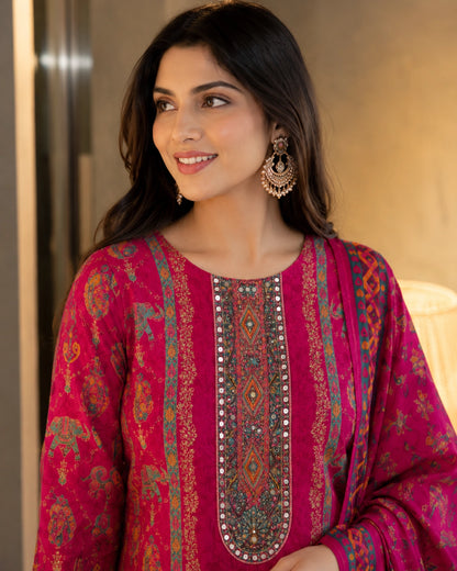 Rani Pink Paisley Print Viscose Kurta Pant Dupatta Set