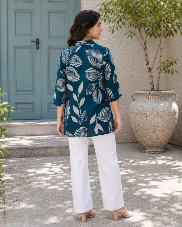 Floral Print Collared Three-Quarter Sleeve Cotton Kurti — image 4