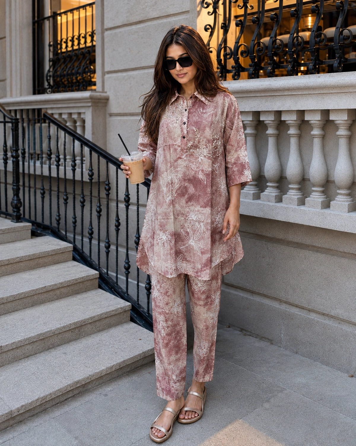 Mauve Tie-Dye Floral Print Collared Co-ord Set for Brunch