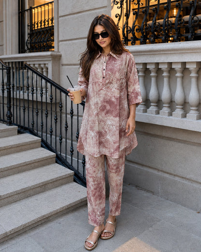 Mauve Tie-Dye Floral Print Collared Co-ord Set for Brunch