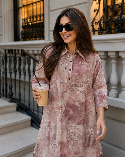 Mauve Tie-Dye Floral Print Collared Co-ord Set for Brunch