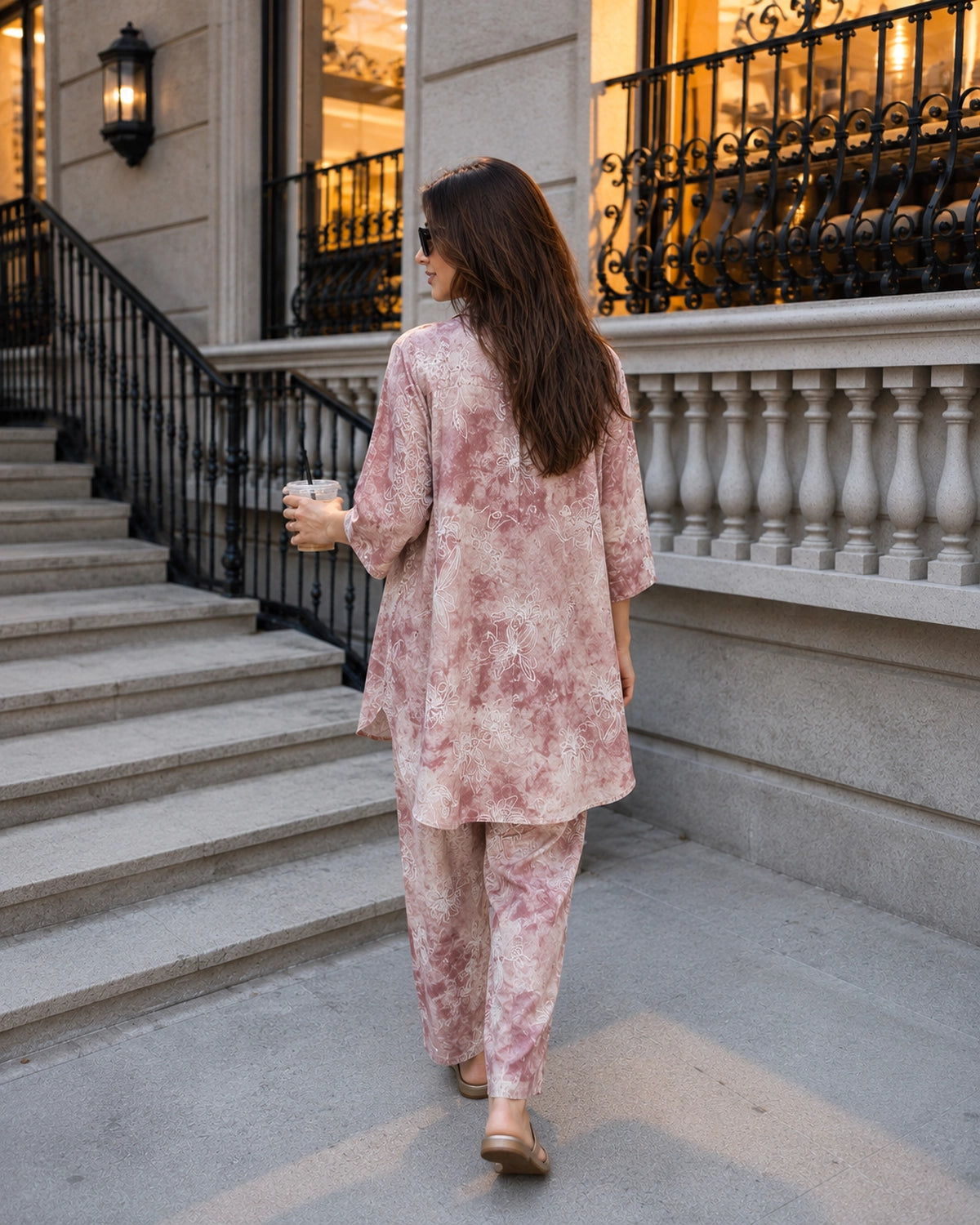 Mauve Tie-Dye Floral Print Collared Co-ord Set for Brunch