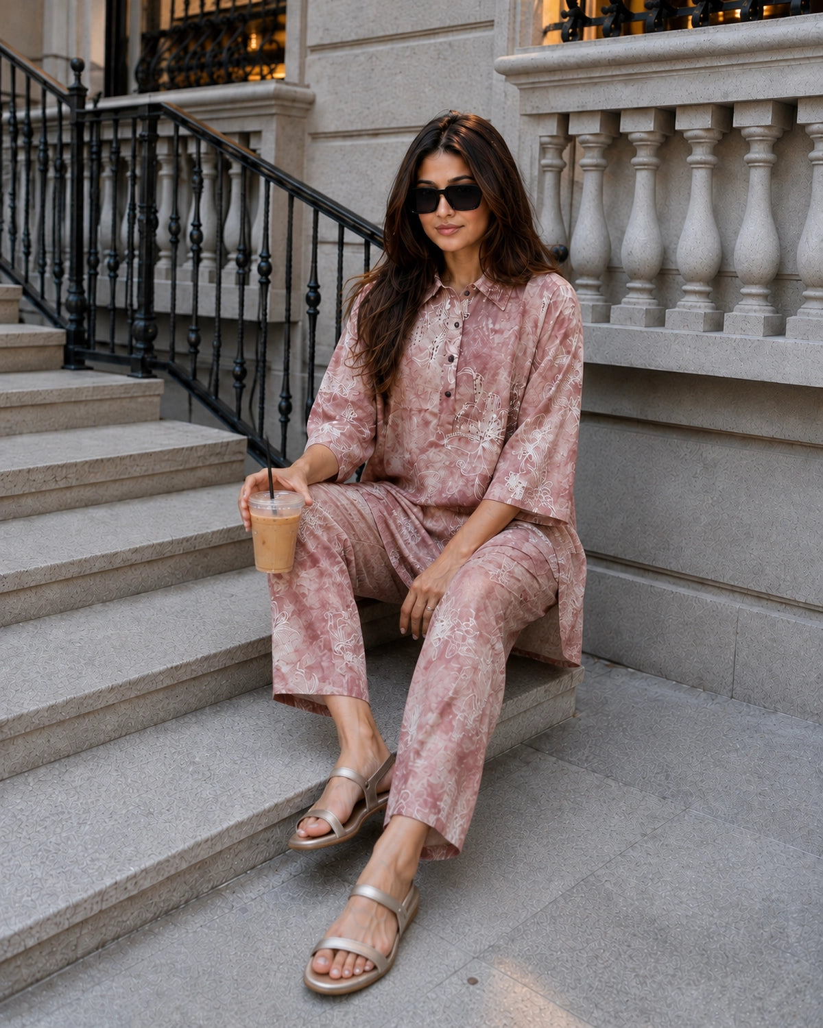 Mauve Tie-Dye Floral Print Collared Co-ord Set for Brunch