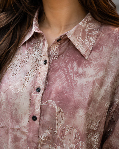 Mauve Tie-Dye Floral Print Collared Co-ord Set for Brunch