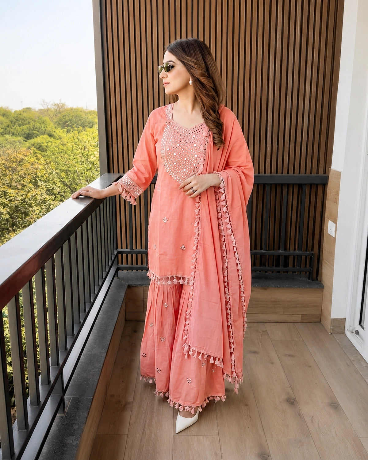 Peach Mirror Embroidered Cotton Kurta Sharara Set