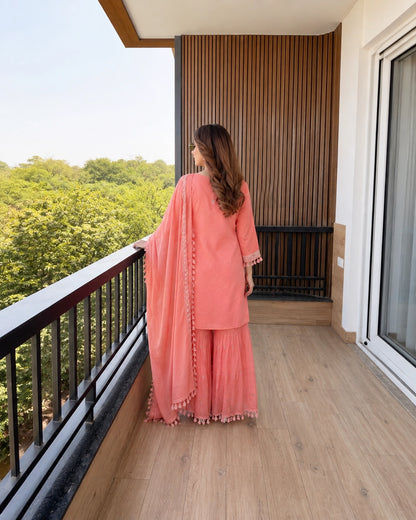 Peach Mirror Embroidered Cotton Kurta Sharara Set