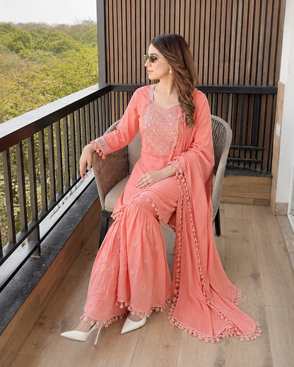 Peach Mirror Embroidered Cotton Kurta Sharara Set