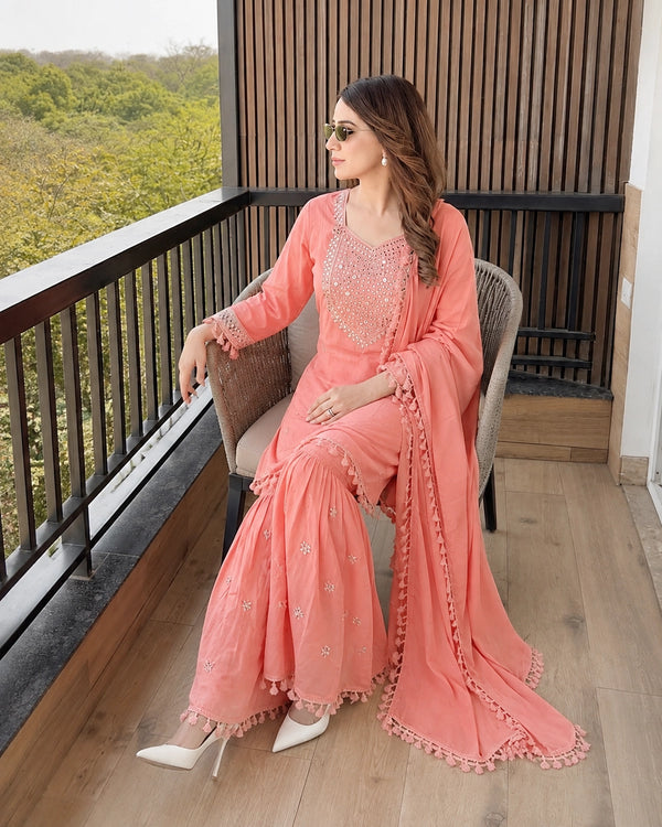 Peach Mirror Embroidered Cotton Kurta Sharara Set