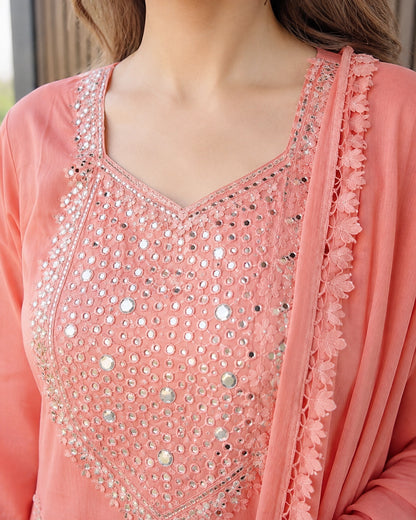 Peach Mirror Embroidered Cotton Kurta Sharara Set