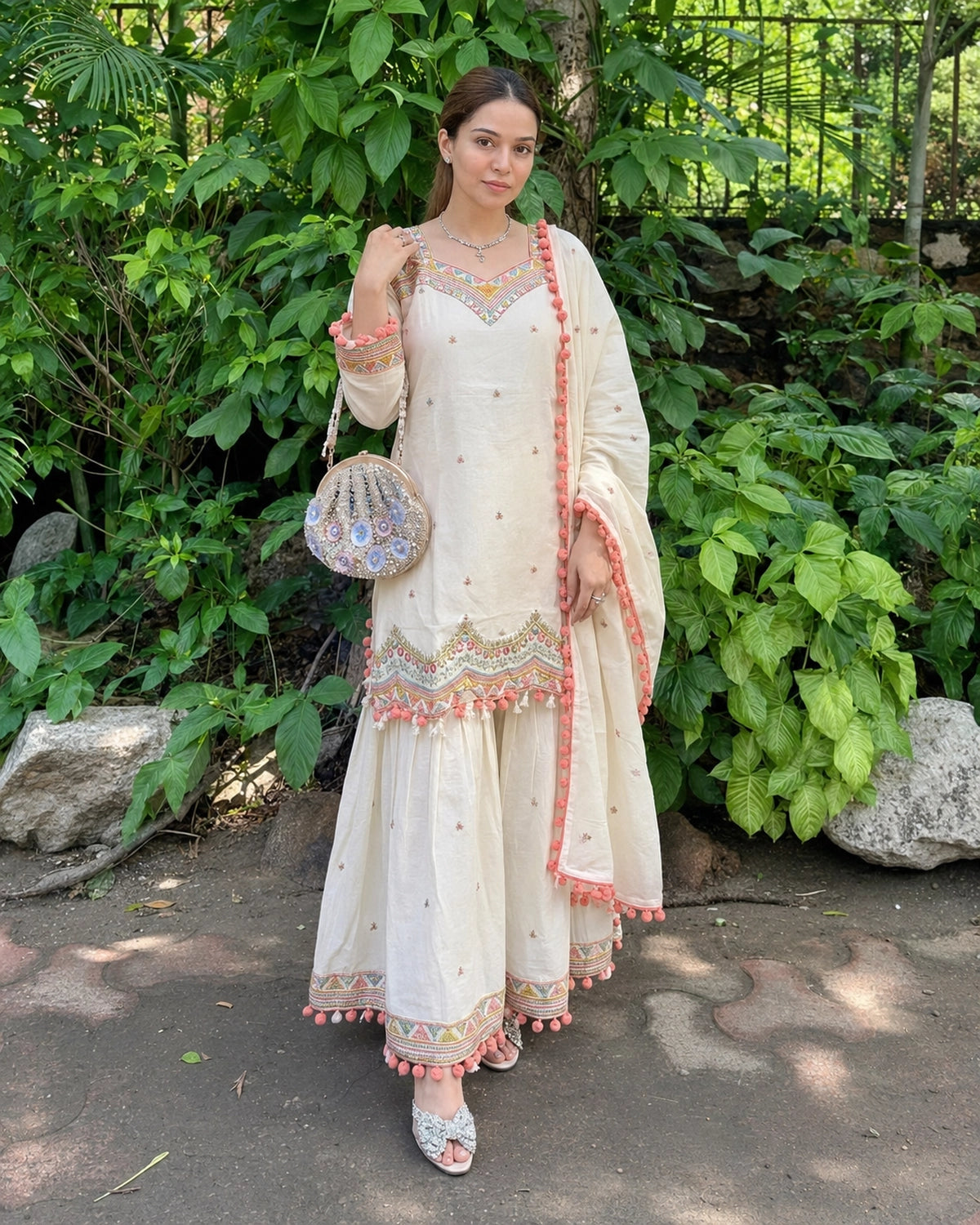 Ivory Geometric Embroidered Cotton Kurta Sharara Set