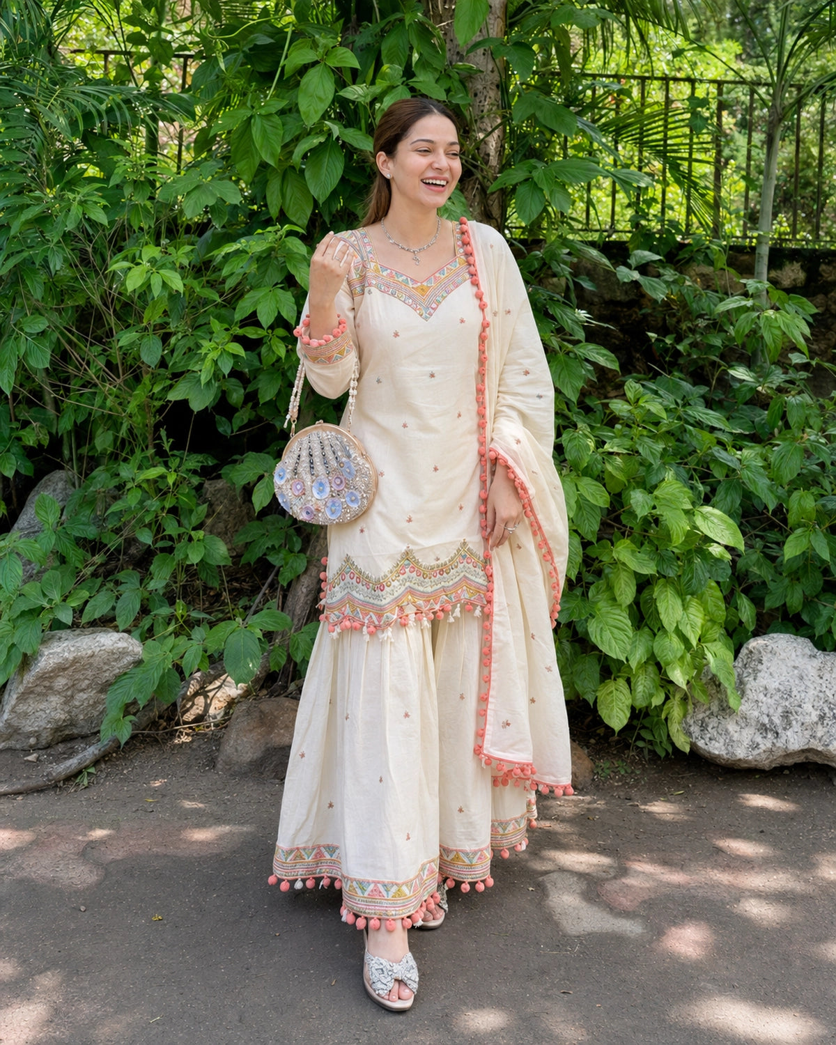 Ivory Geometric Embroidered Cotton Kurta Sharara Set