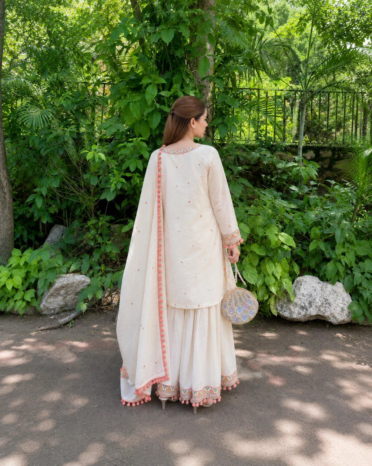 Ivory Geometric Embroidered Cotton Kurta Sharara Set