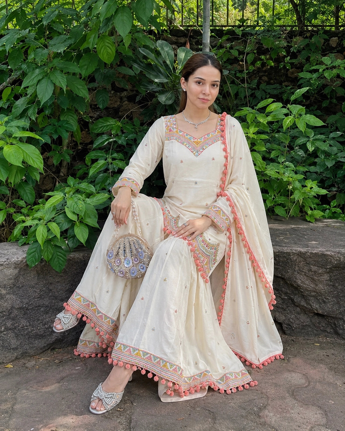 Ivory Geometric Embroidered Cotton Kurta Sharara Set