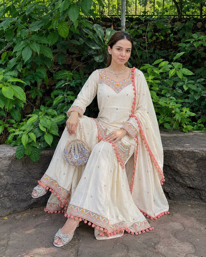 Ivory Geometric Embroidered Cotton Kurta Sharara Set