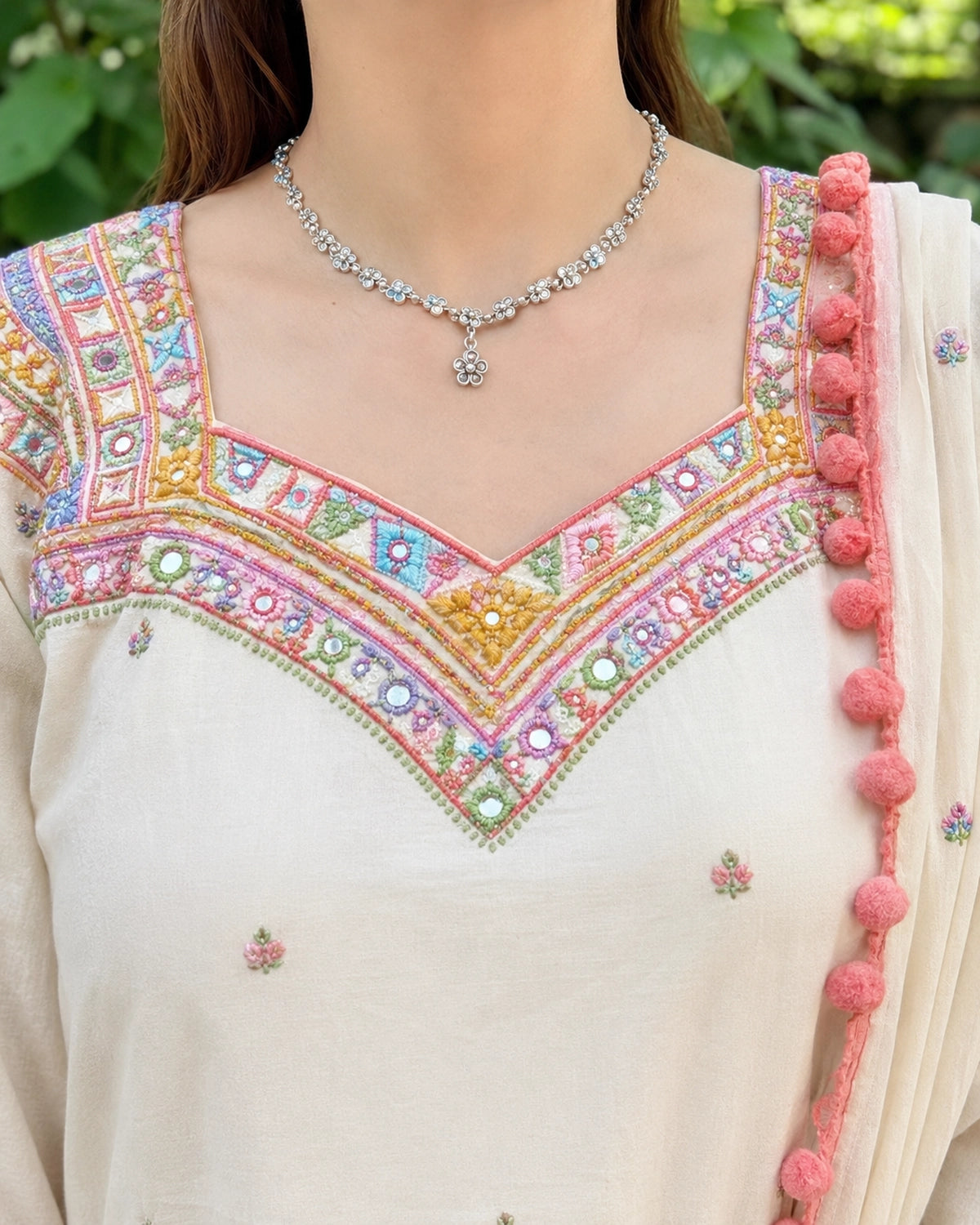 Ivory Geometric Embroidered Cotton Kurta Sharara Set