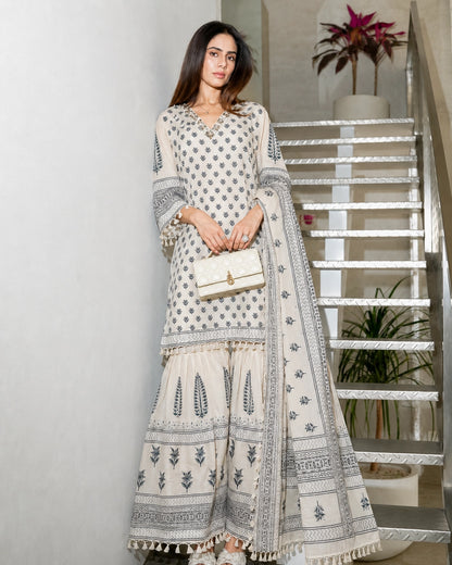 Ivory Booti Block Print Cotton Kurta Sharara Set