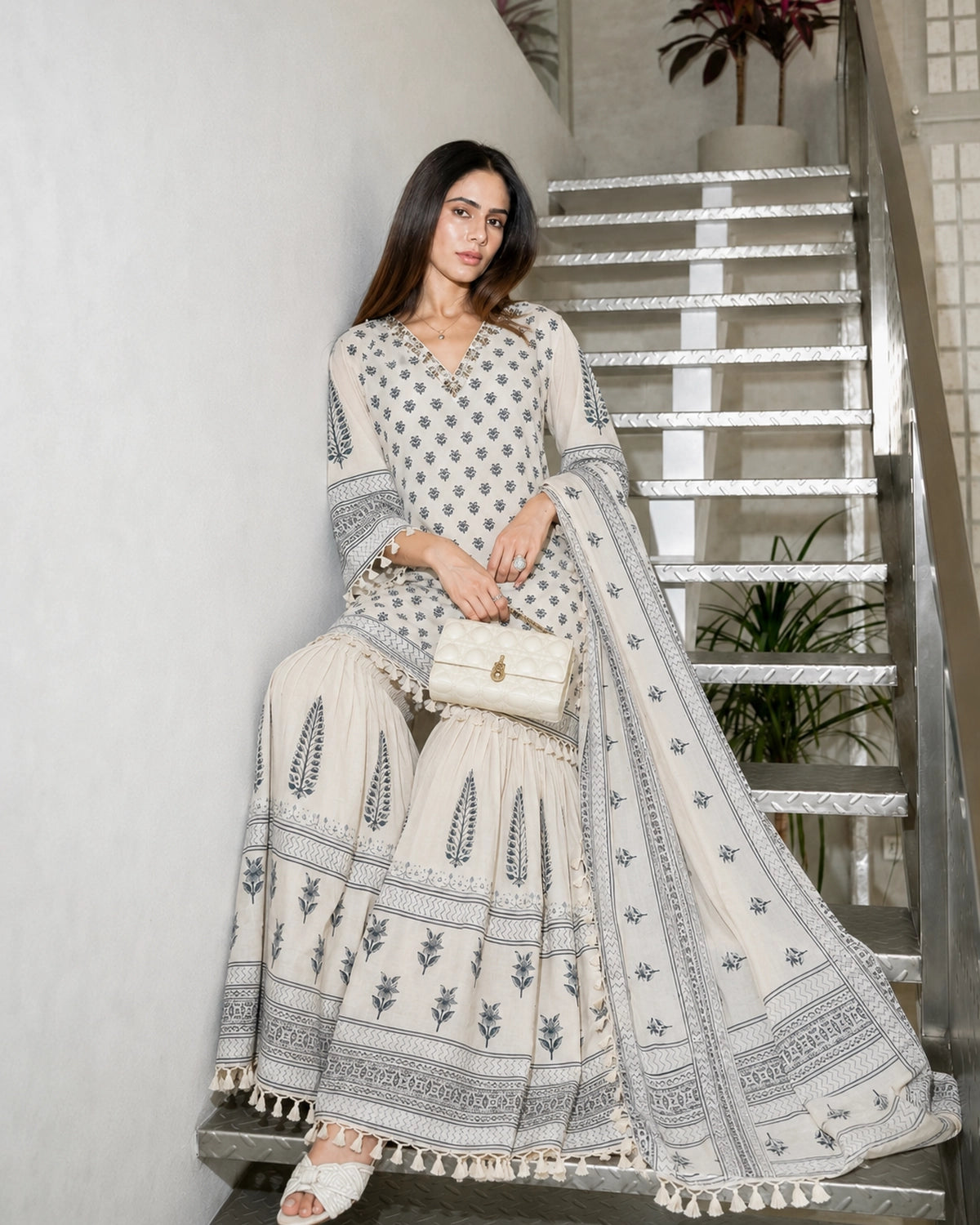 Ivory Booti Block Print Cotton Kurta Sharara Set