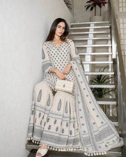 Ivory Booti Block Print Cotton Kurta Sharara Set