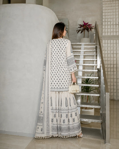 Ivory Booti Block Print Cotton Kurta Sharara Set