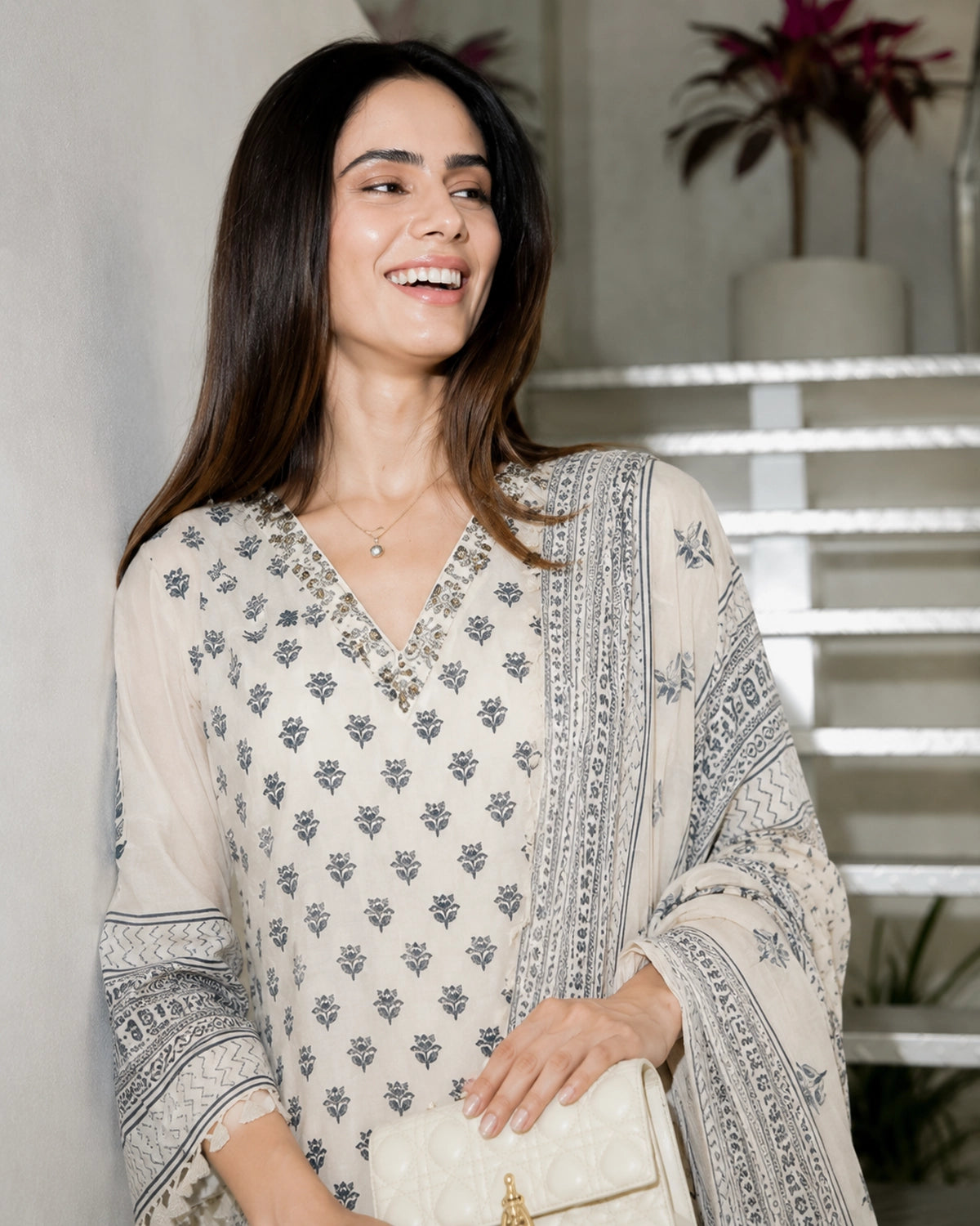 Ivory Booti Block Print Cotton Kurta Sharara Set