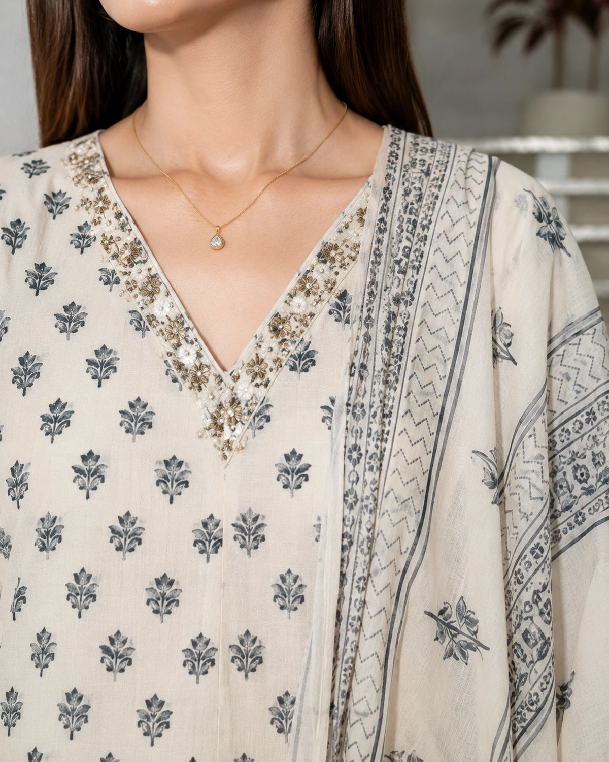 Ivory Booti Block Print Cotton Kurta Sharara Set