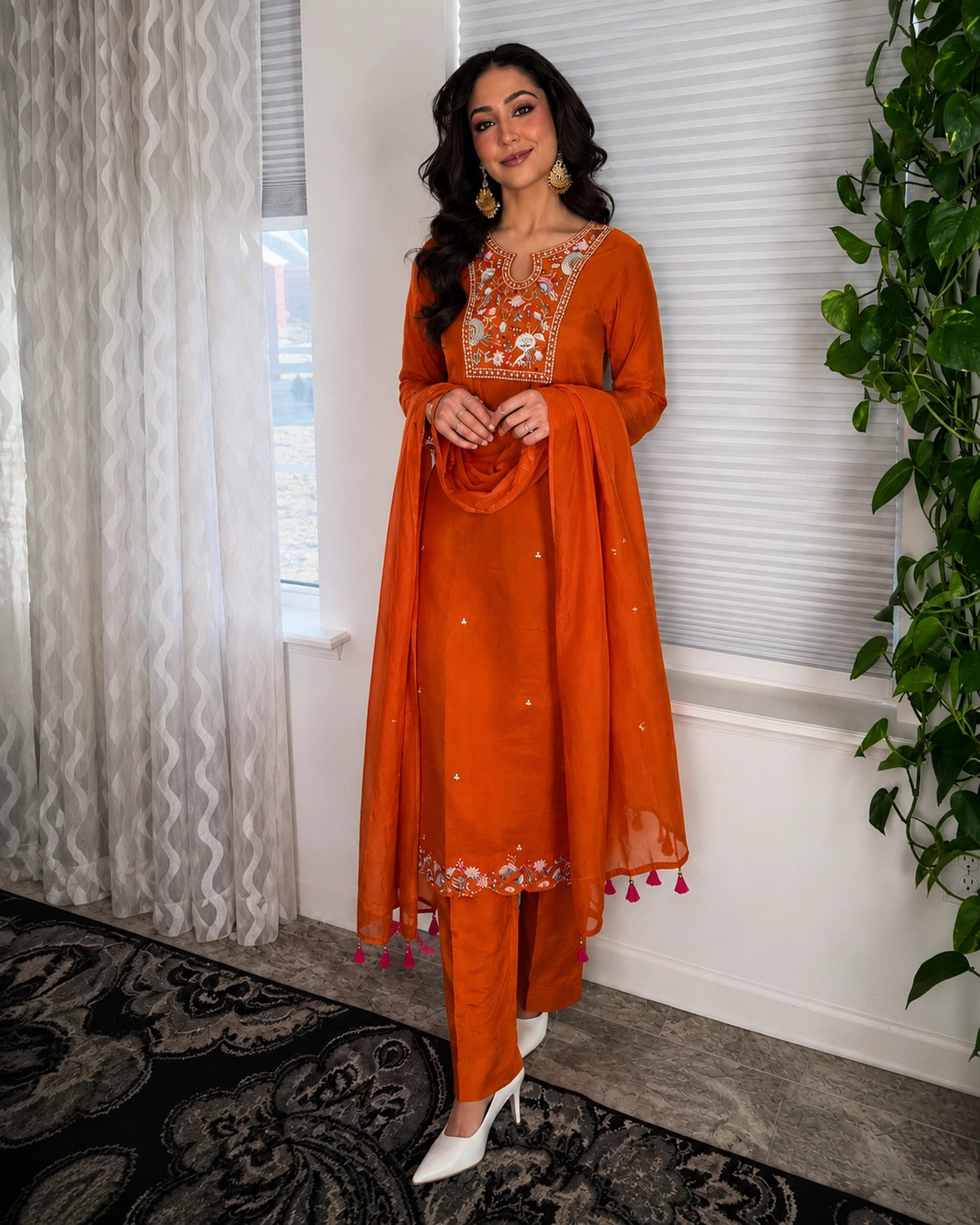 Burnt Orange Embroidered Mul Chanderi Kurta Pant Dupatta