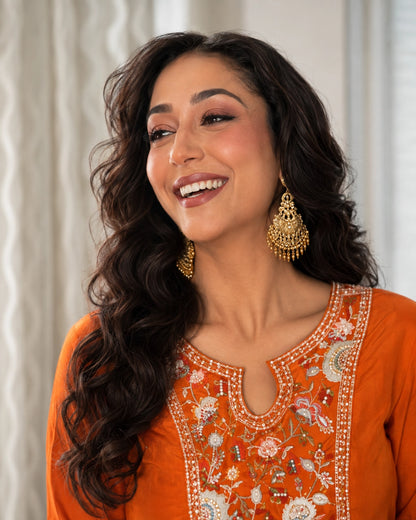 Burnt Orange Embroidered Mul Chanderi Kurta Pant Dupatta