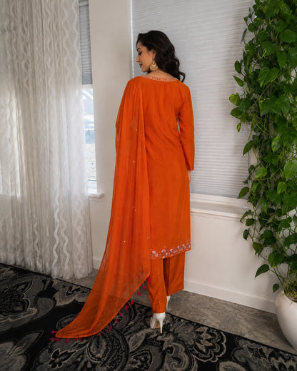 Burnt Orange Embroidered Mul Chanderi Kurta Pant Dupatta