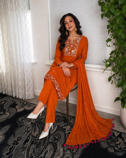 Burnt Orange Embroidered Mul Chanderi Kurta Pant Dupatta