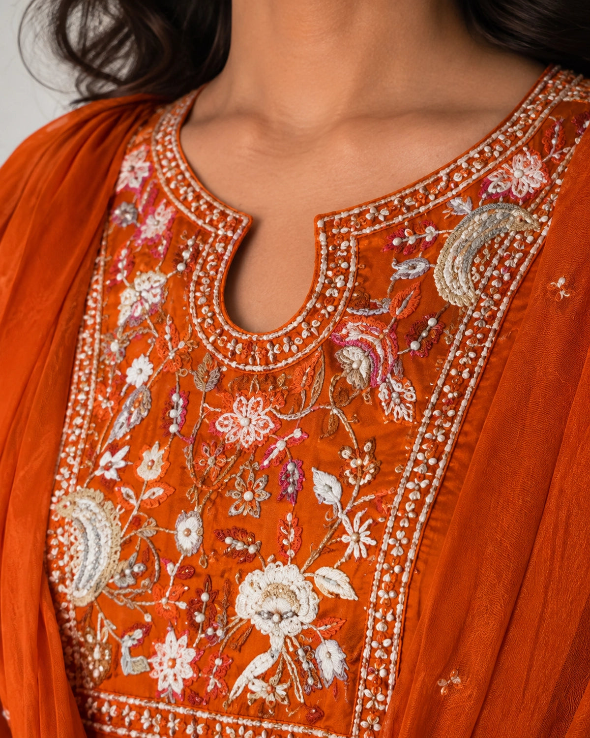 Burnt Orange Embroidered Mul Chanderi Kurta Pant Dupatta
