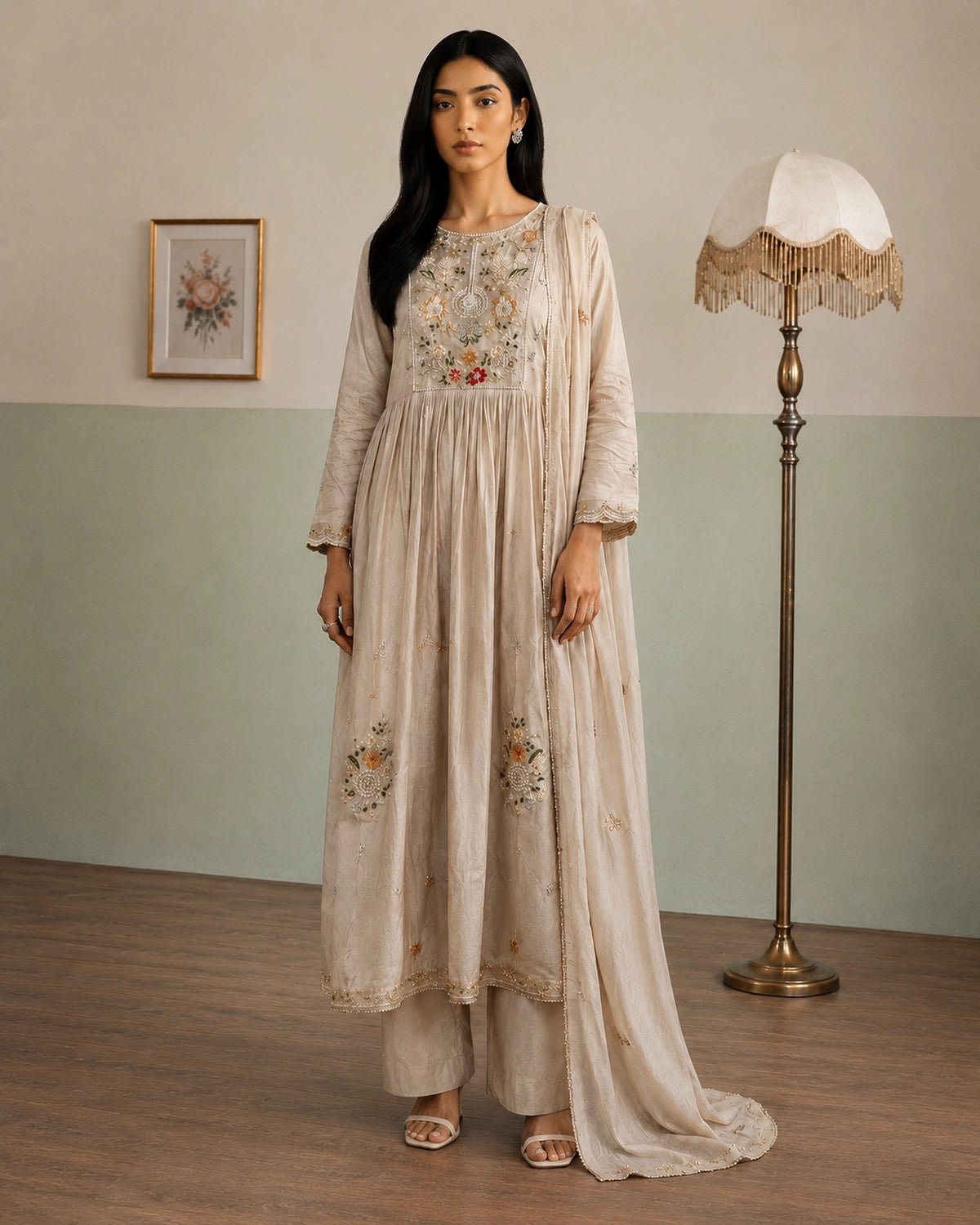 Ivory Floral Embroidered Anarkali Cotton Kurta Set