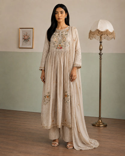 Ivory Floral Embroidered Anarkali Cotton Kurta Set
