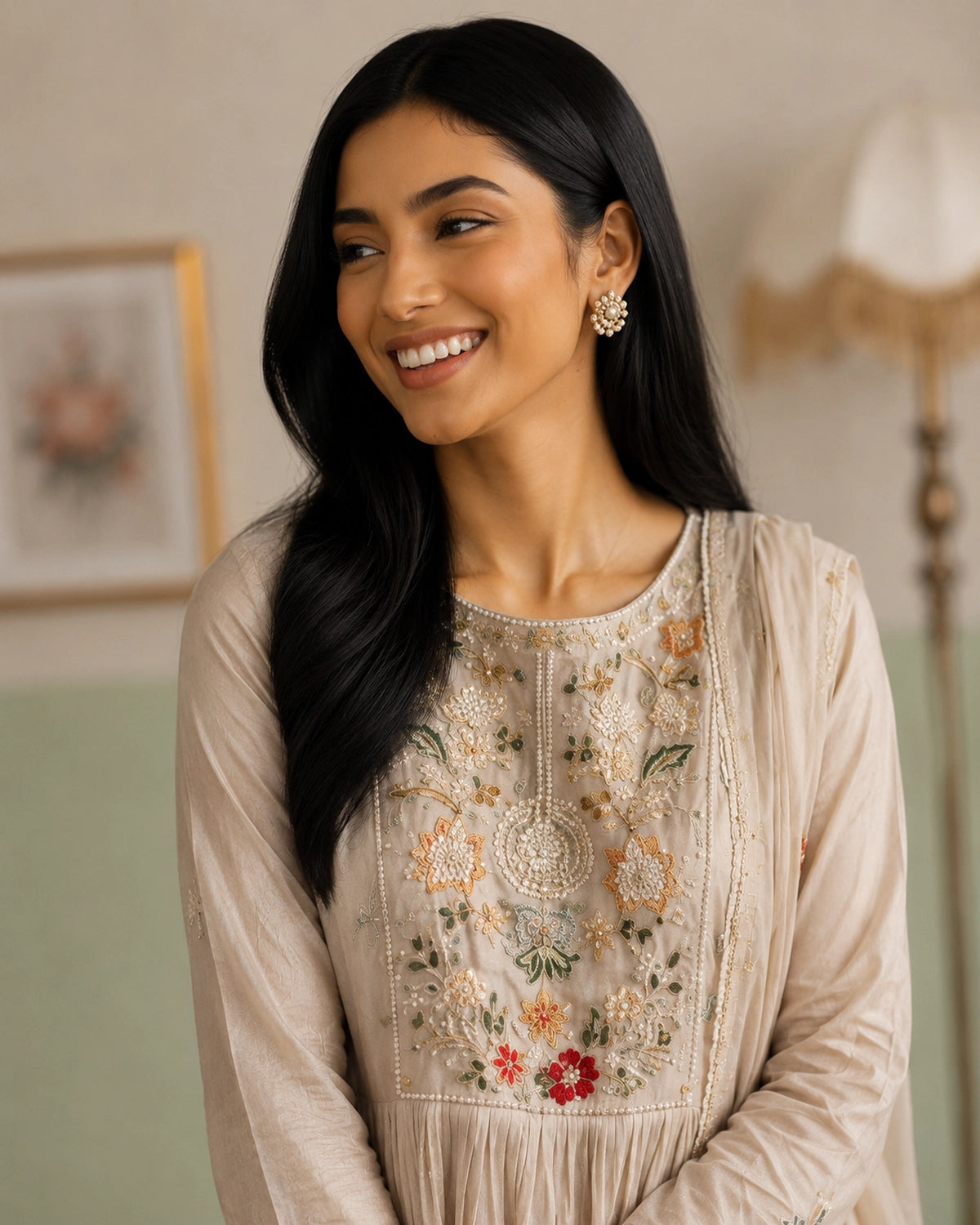 Ivory Floral Embroidered Anarkali Cotton Kurta Set