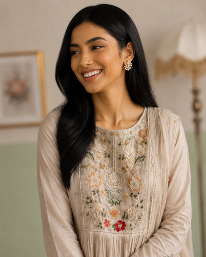 Ivory Floral Embroidered Anarkali Cotton Kurta Set