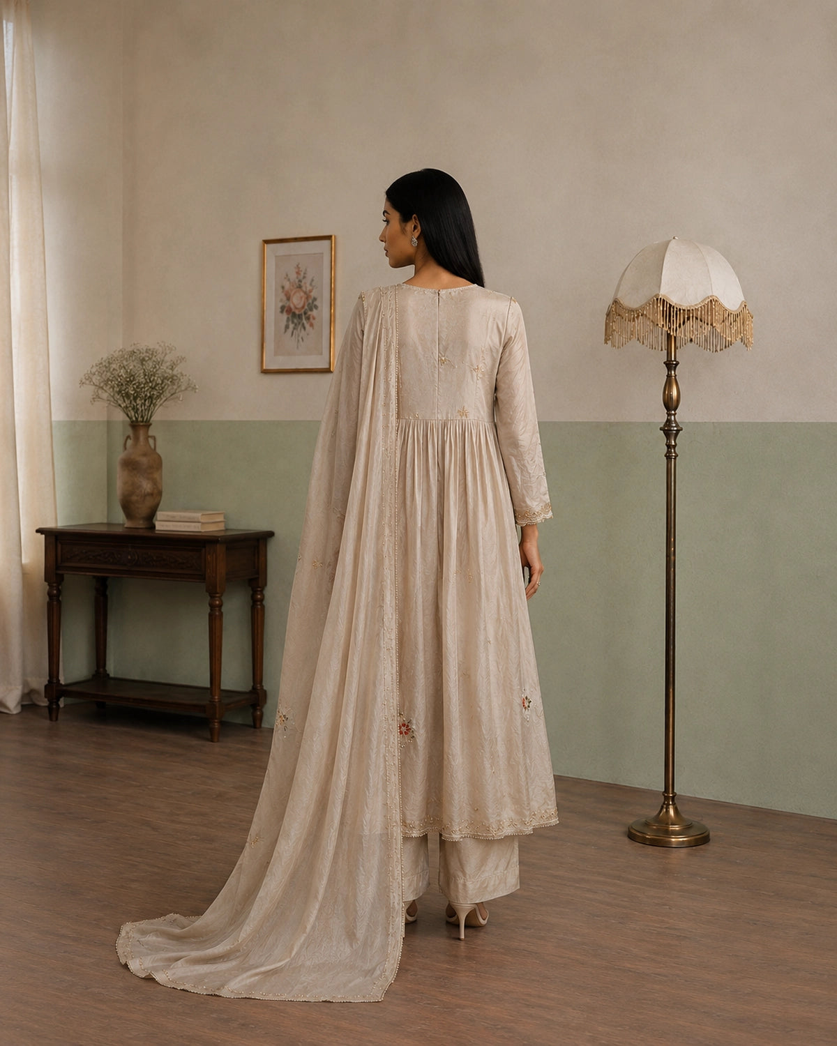 Ivory Floral Embroidered Anarkali Cotton Kurta Set