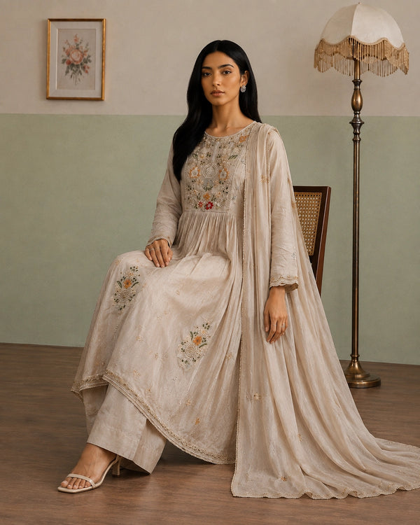 Ivory Floral Embroidered Anarkali Cotton Kurta Set