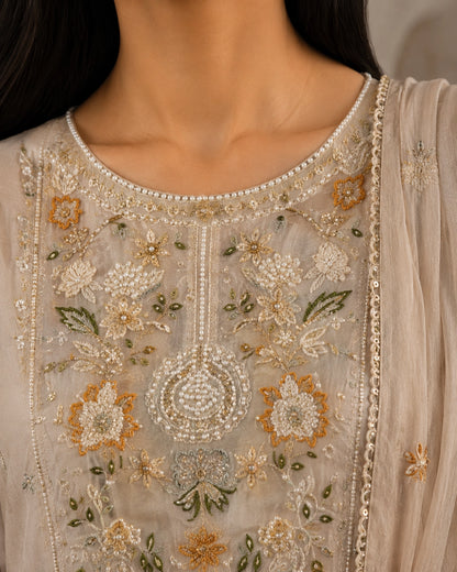 Ivory Floral Embroidered Anarkali Cotton Kurta Set