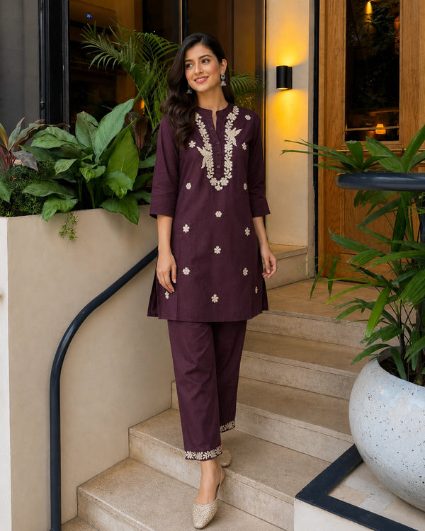Mustard Floral Embroidered Collared Cotton Co-Ord Set — image 2