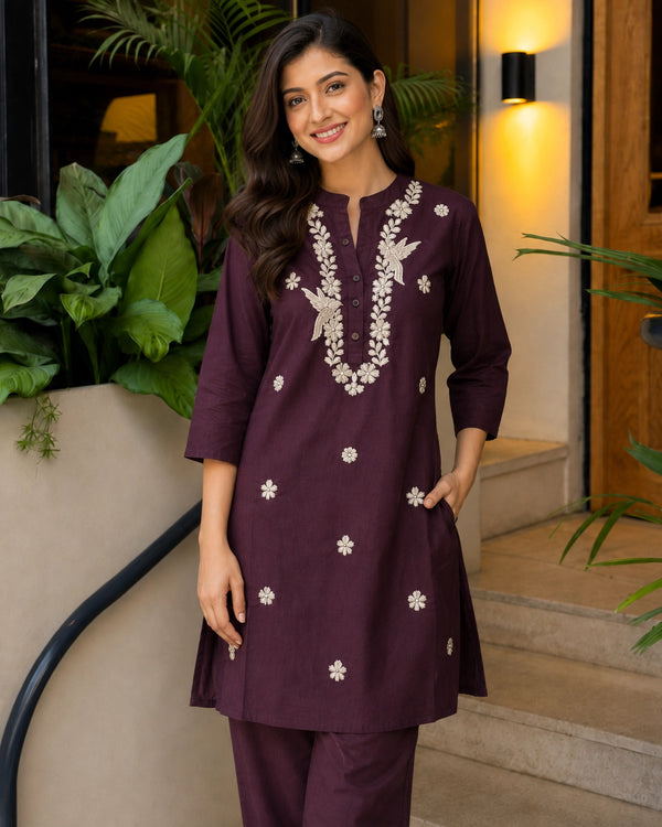 Mustard Floral Embroidered Collared Cotton Co-Ord Set — image 1