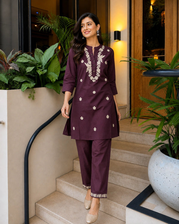 Mustard Floral Embroidered Collared Cotton Co-Ord Set — image 3