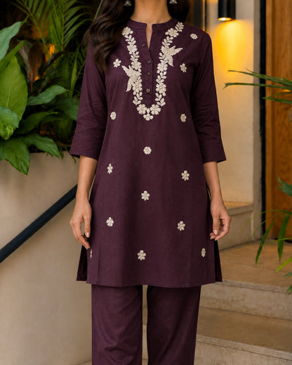 Mustard Floral Embroidered Collared Cotton Co-Ord Set